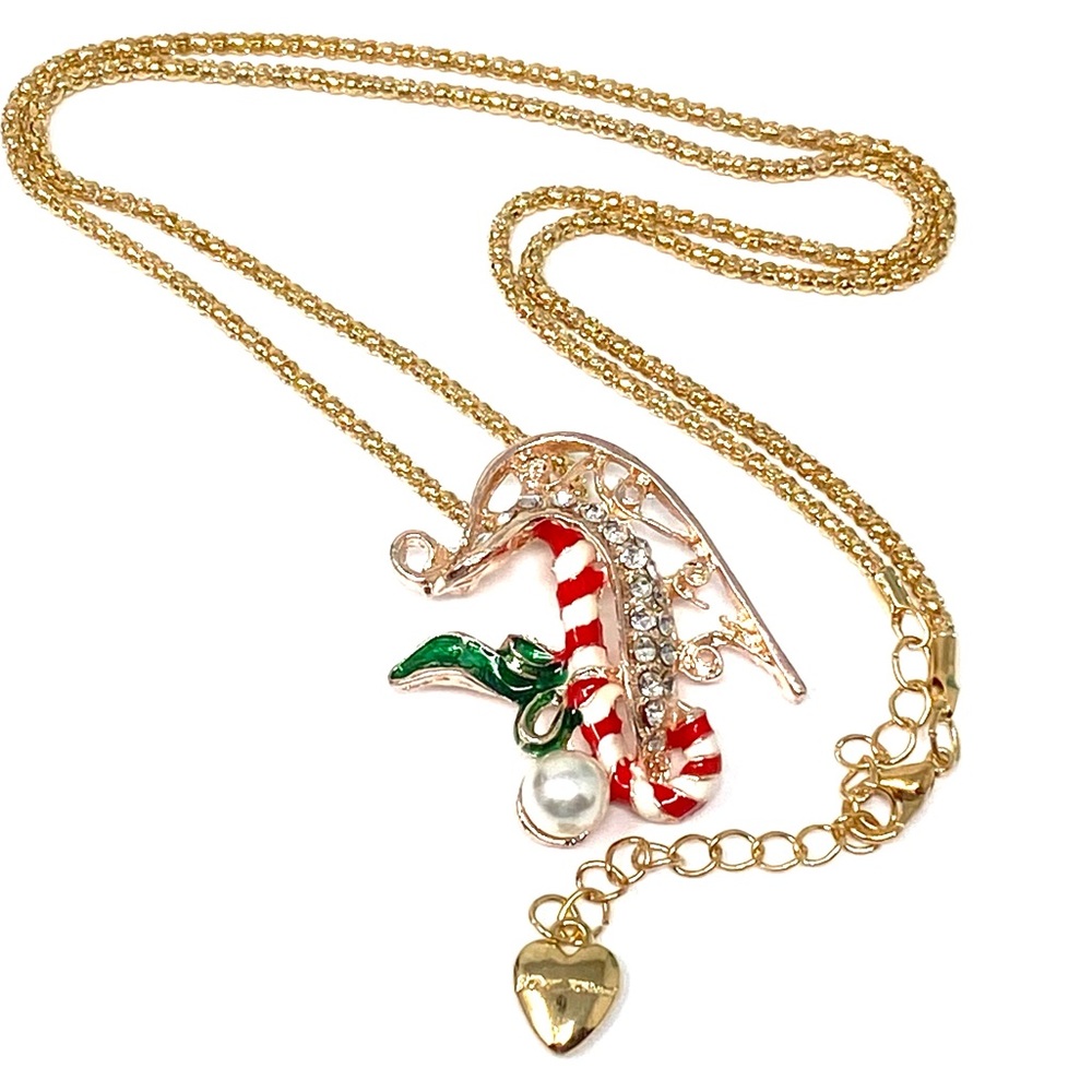 Betsey Johnson Sleigh With Candy Cane Pendant Necklace.